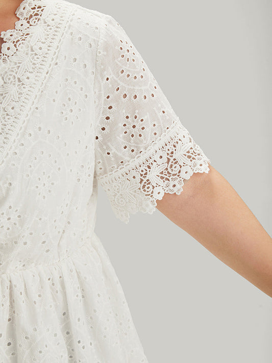 Plain Lace Insert Scalloped Trim Surplice Neck Blouse