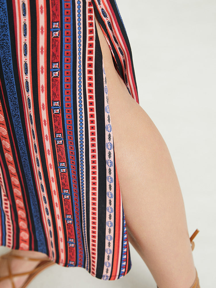 Striped Geometric Pocket Split Hem Spaghetti Strap Dress