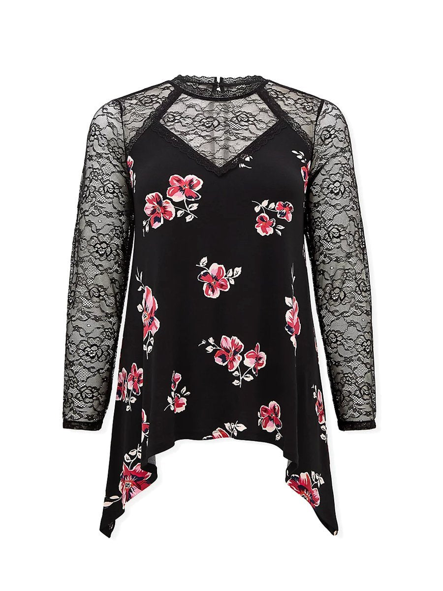 Lace Patchwork Floral Printed Blouse