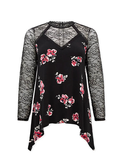 Lace Patchwork Floral Printed Blouse
