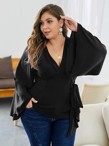 Flared Sleeves Belt V-neck Blouse