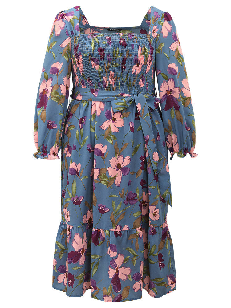 Floral Print Puff Sleeve Belted Shirred Dress