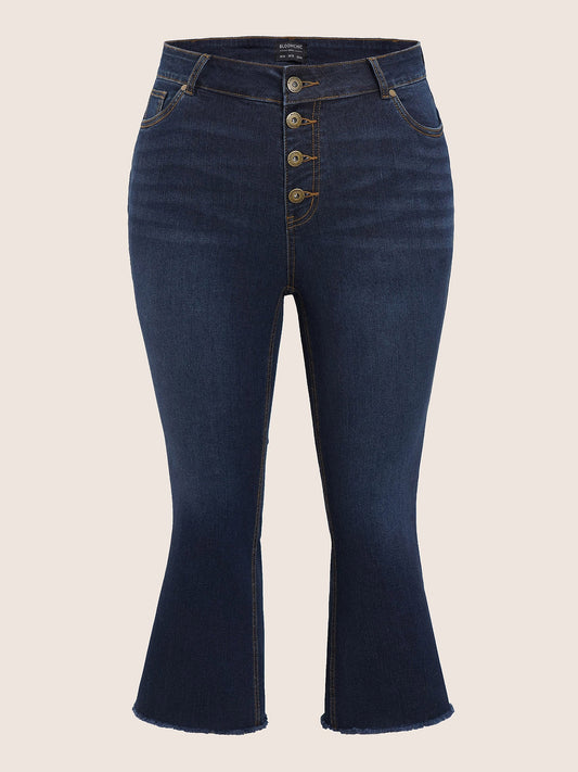 Dark Wash Frayed Hem Cropped Bootcut Jeans