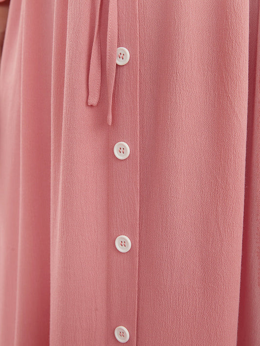 Solid Button Detail Ties Up Pocket Ruffle Trim Maxi Dress