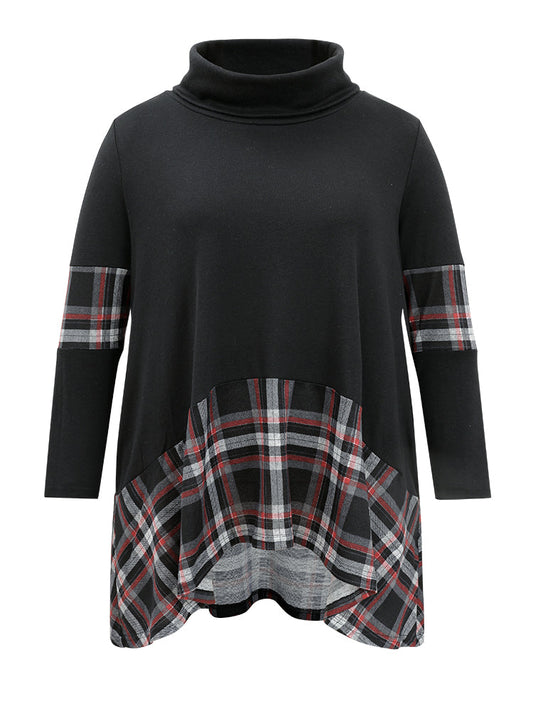 Plaid Patchwork Asymmetrical Hem Pocket T-shirt