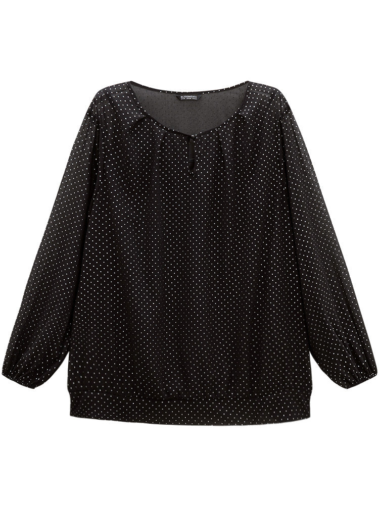 Glitter Polka Dot Puff Sleeve Keyhole Blouse