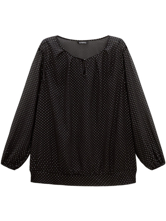 Glitter Polka Dot Puff Sleeve Keyhole Blouse