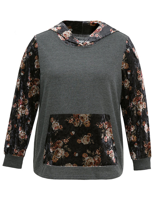 Velvet Patchwork Floral Print Kangaroo Pocket Sweatshirt