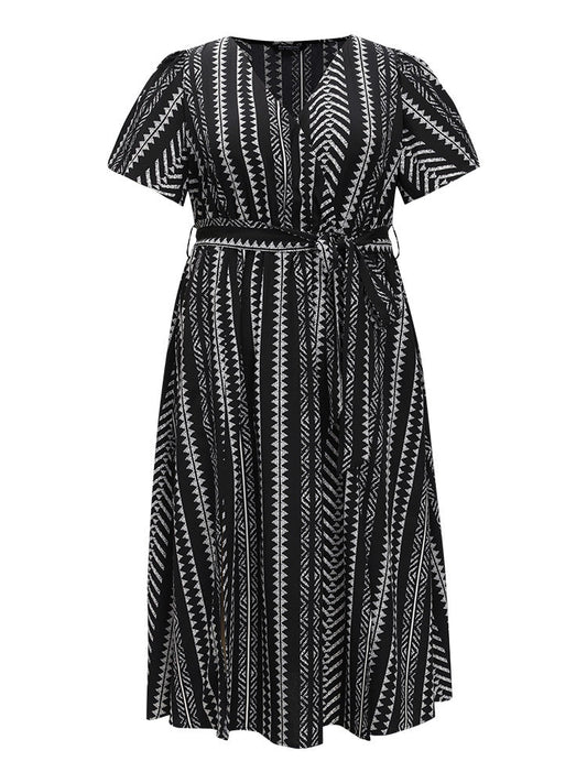 Geometric Print Flutter Sleeve Pocket Wrap Belt Split Dress