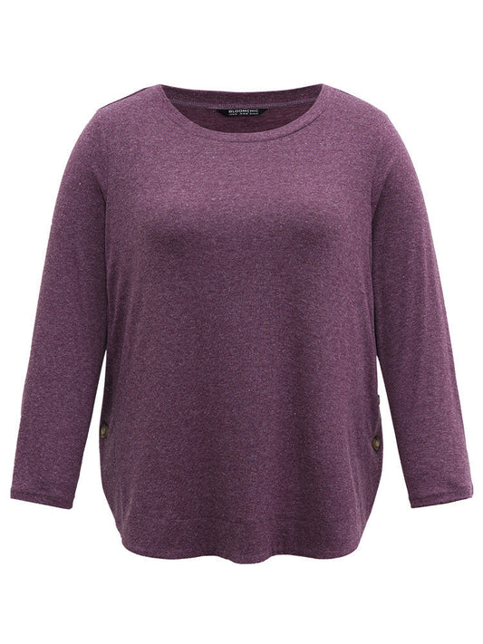 Plain Button Detail Curved Hem T-shirt