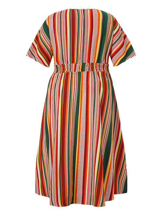 Striped Contrast Shirred Split Button Detail Pocket Dolman Sleeve Dress