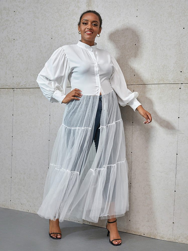 Contrast Mesh Sheer Ruffle Shirt Dress