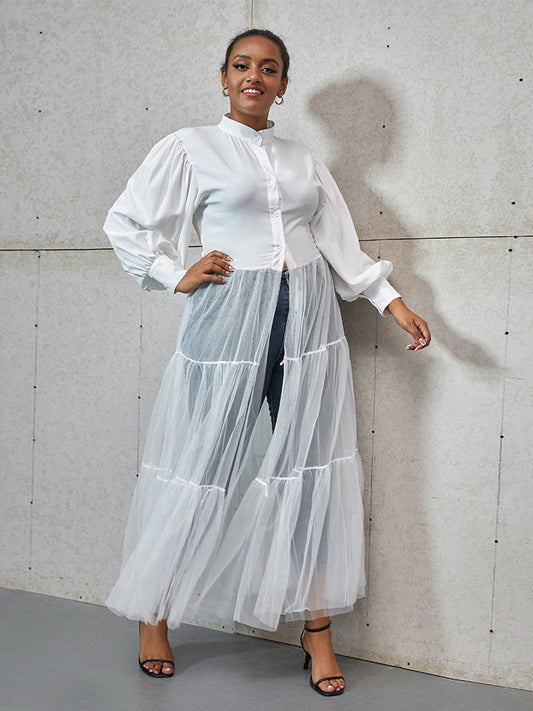 Contrast Mesh Sheer Ruffle Shirt Dress