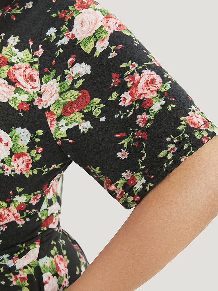 Floral Printed Wrap Gathered Ruffles Hem  T-shirt