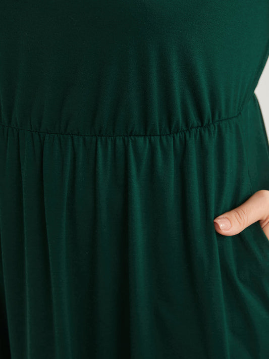 Plain Round Neck Button Up Pocket Flutter Hem Dress