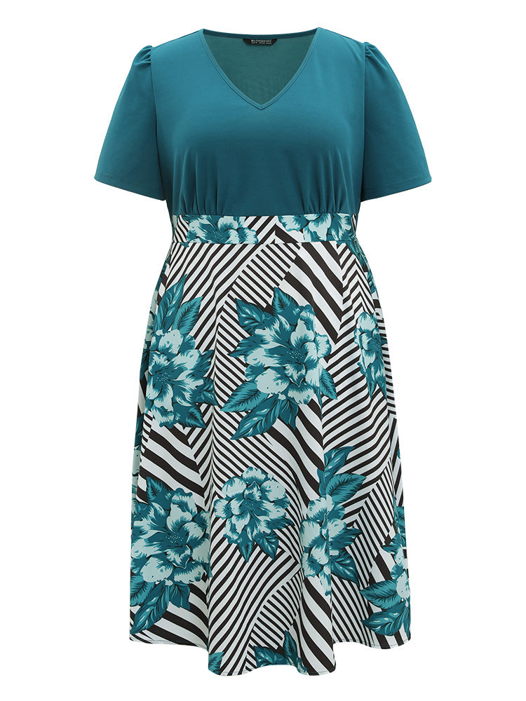 Floral & Striped Patchwork Pocket Gathered Dress