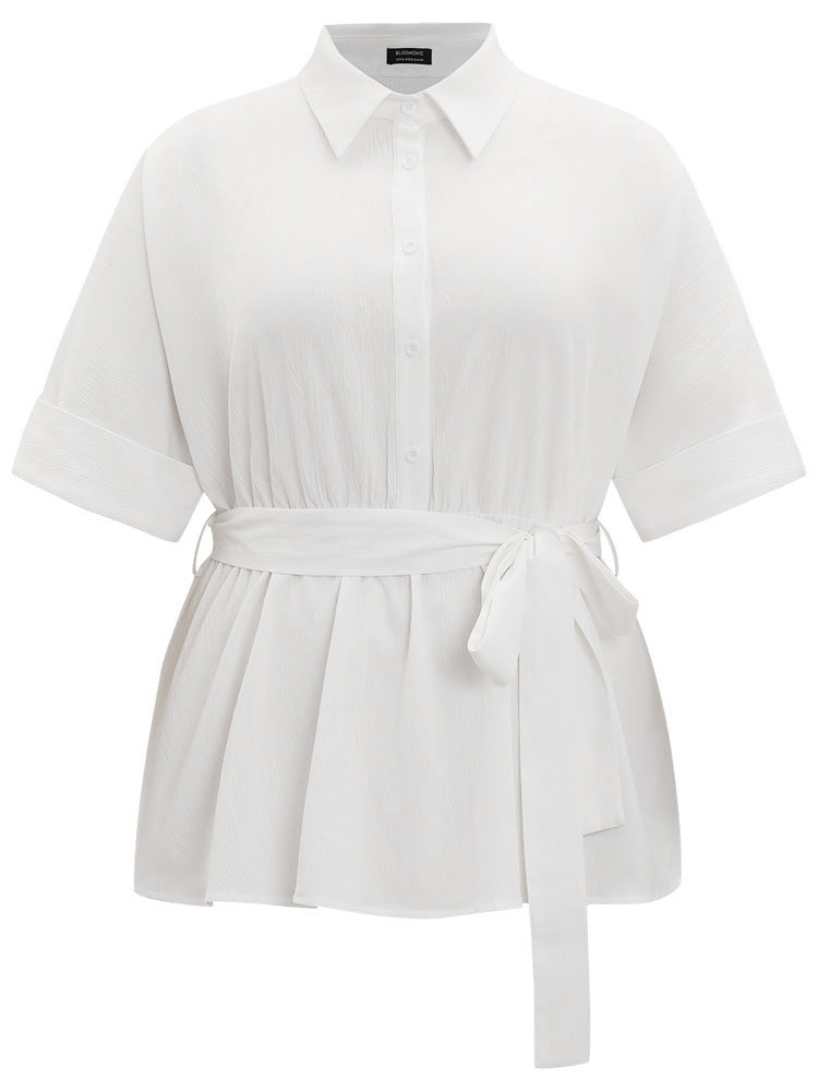 Shirt Collar Button Up Belted Cuffed Sleeve Blouse