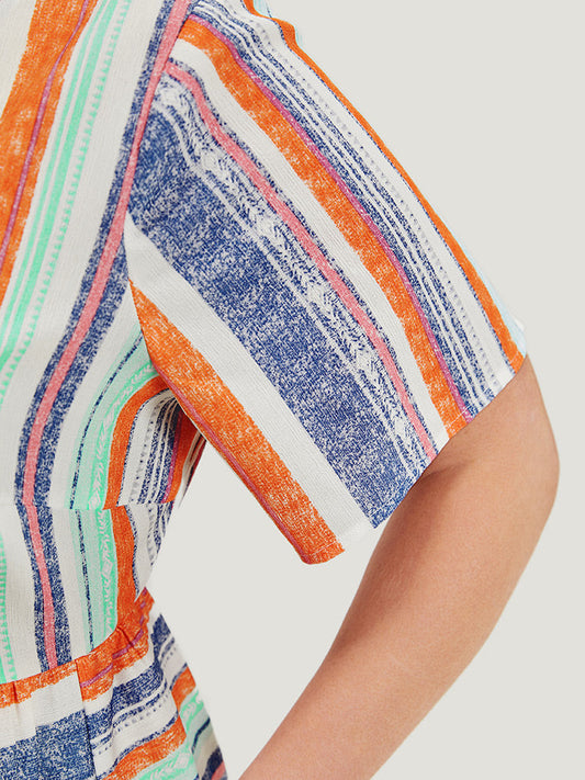 Rainbow Striped Pocket Notched Contrast Flutter Tiered Dress