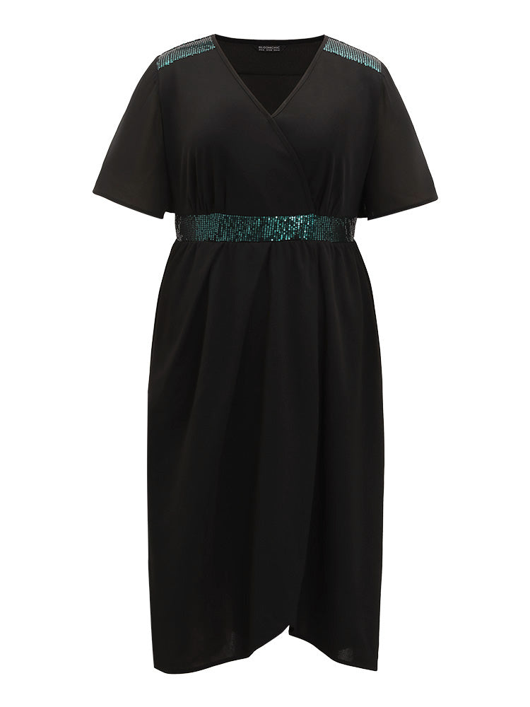 Sequin Patchwork Surplice Neck Pocket Mesh Dress