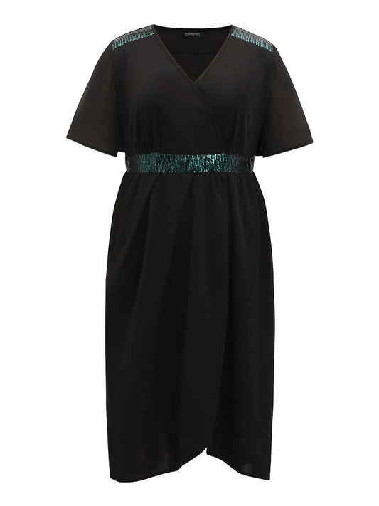 Sequin Patchwork Surplice Neck Pocket Mesh Dress