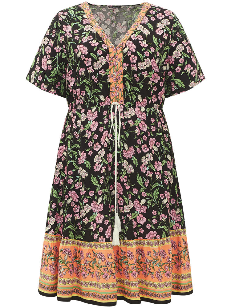 Floral Print Pocket Tassels Ties Patchwork Dress