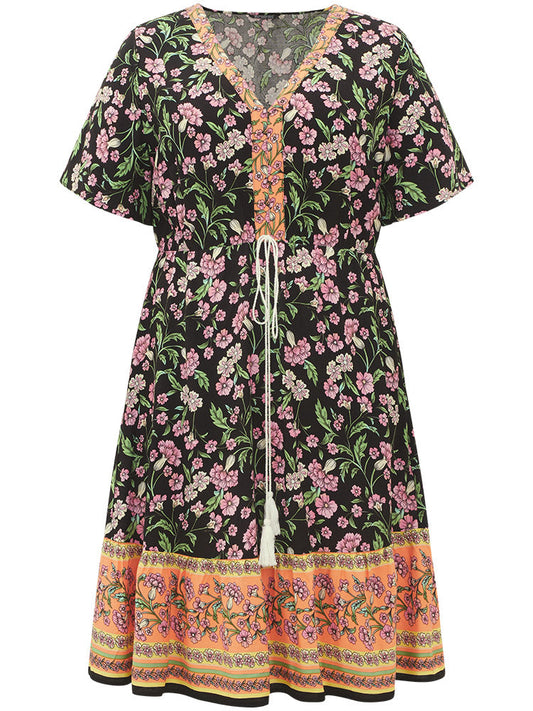 Floral Print Pocket Tassels Ties Patchwork Dress