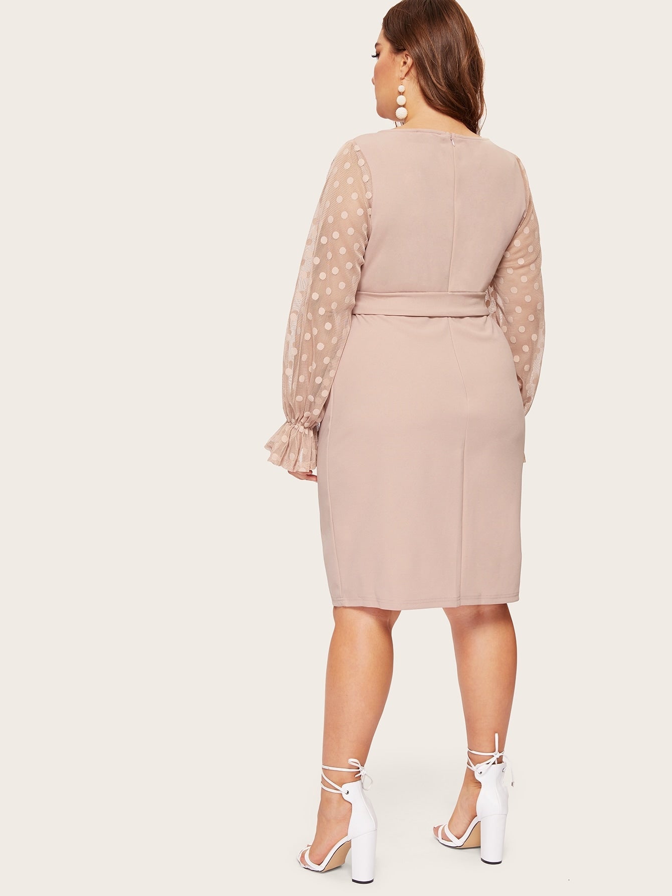 Dot Mesh Bell Sleeve Belted Pencil Dress