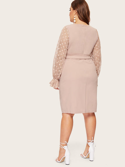 Dot Mesh Bell Sleeve Belted Pencil Dress