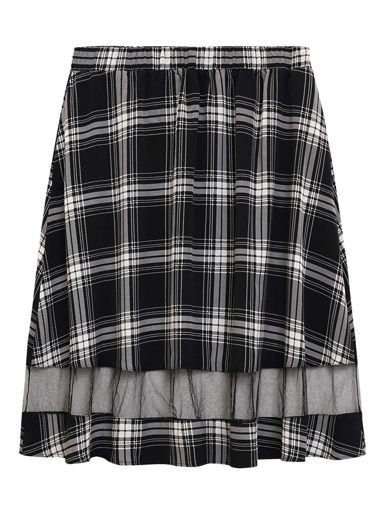 Tartan Pocket Mesh Patchwork Elastic Waist Skirt