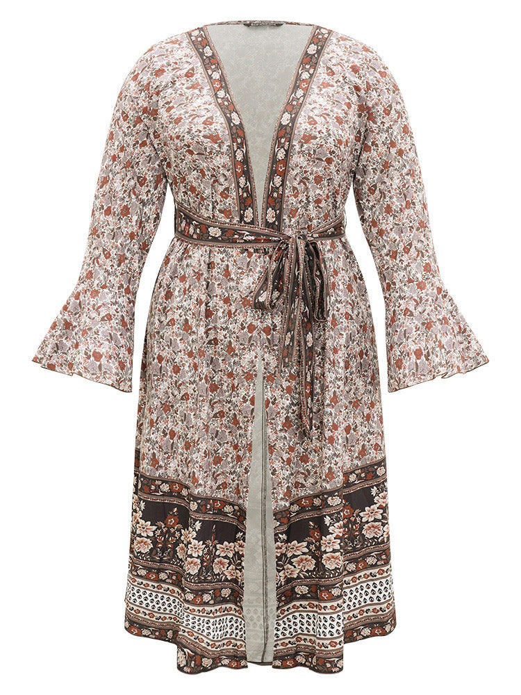 Bandana Print Belted Open Front Bell Sleeve Kimono