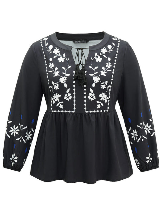 Boho Print Tie Neck Elastic Waist Tassels Blouse