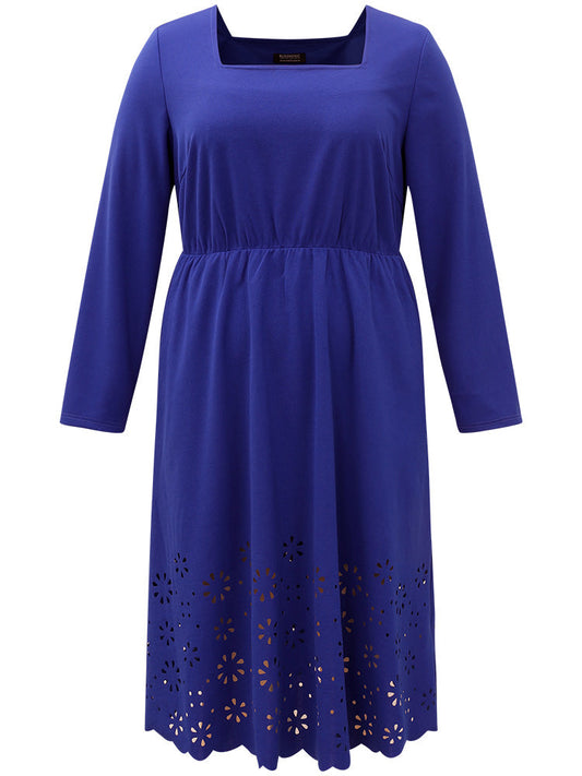 Plain Laser Cut Gathered Square Neck Dress