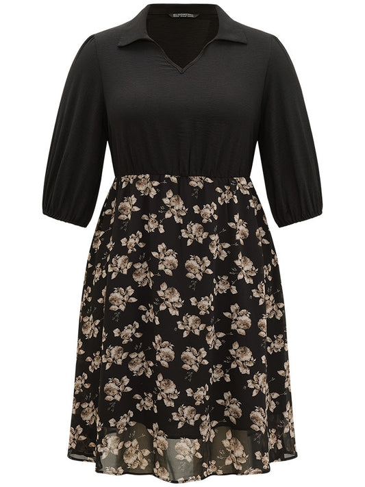 Floral Print Patchwork Shirt Collar Dress