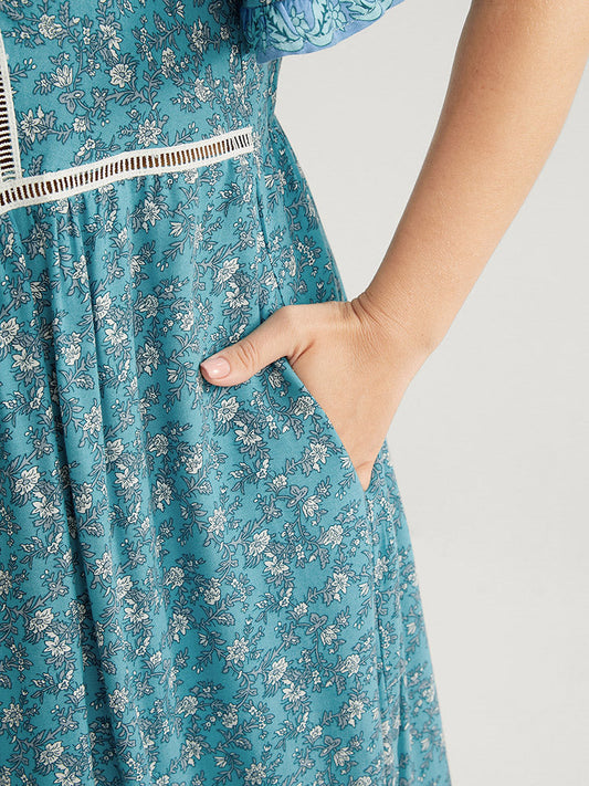 Floral Print Button Detail Tie Neck Pocket Flutter Dress