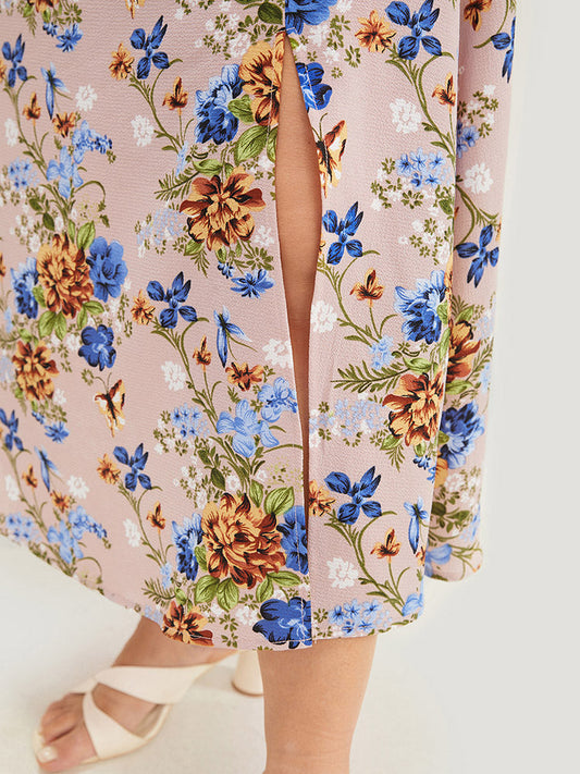 Floral Pocket Lace Insert Split Pompom Trim Halter Dress