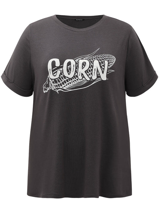 Corn Print Round Neck Roll Sleeve T-shirt