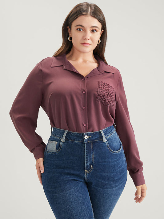 Solid Button Up Pocket Lace Shirt Collar Blouse
