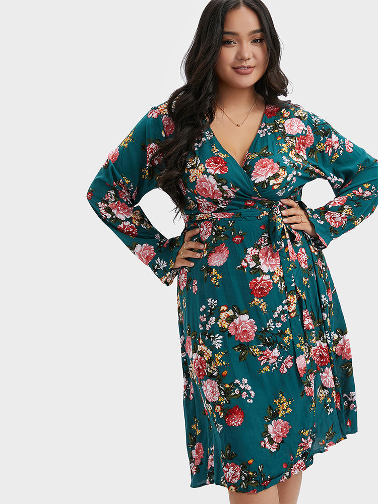 Floral V-Neck Wrap Knotted Dress