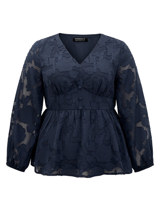 Floral Mesh Elastic Waist Button Detail Blouse