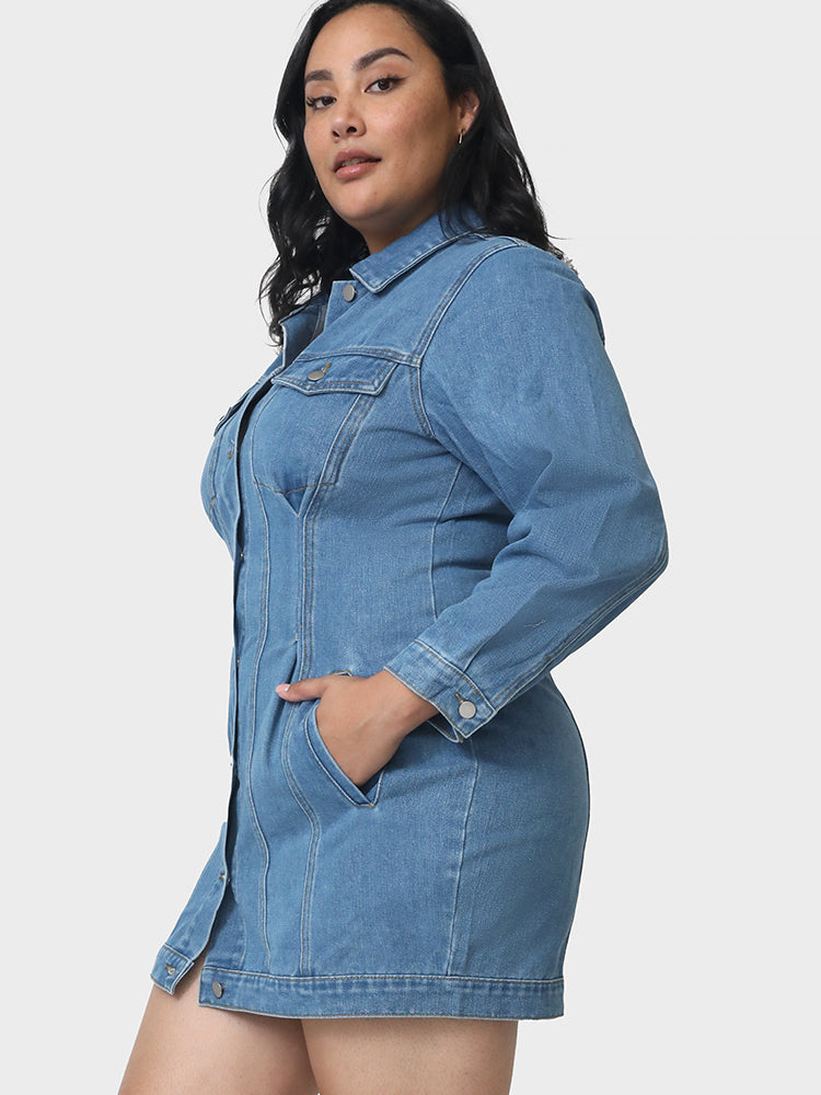 Pocket Lapel Collar Denim Dress