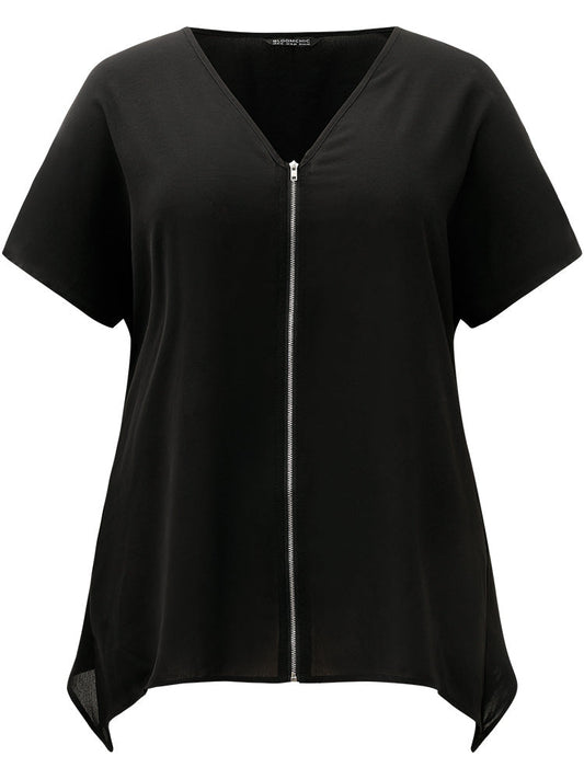 Plain Zipper Curved Hem Blouse