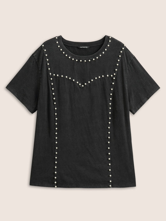 Pearl Beaded Vintage Round Neck T-shirt