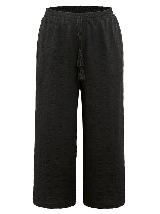 Plain Tassel Knot Pocket Elastic Waist Pants
