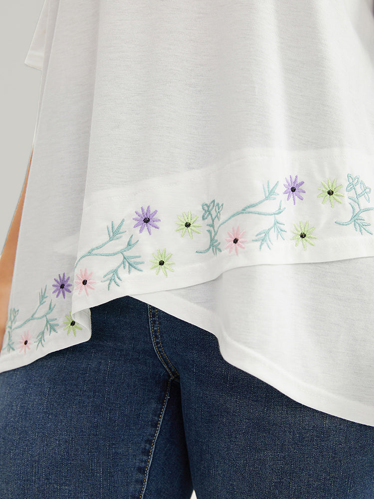 Floral Embroidered Asymmetrical Hem T-shirt