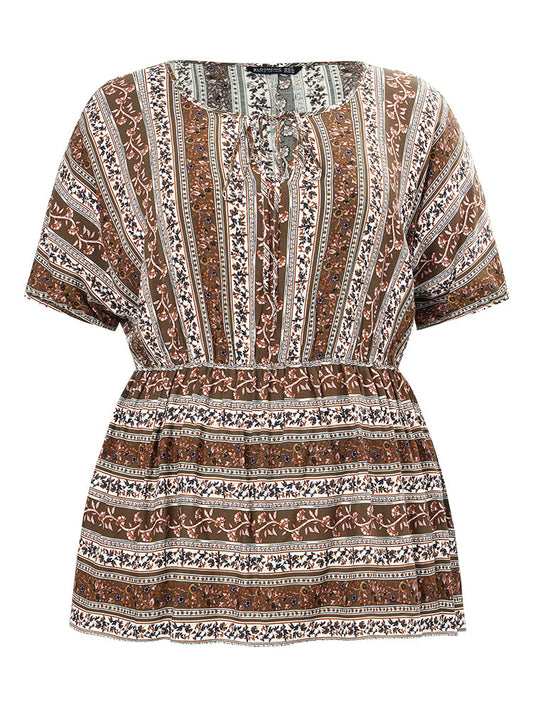 Bandana Dolman Sleeve Keyhole Tie Neck Ruffles Blouse