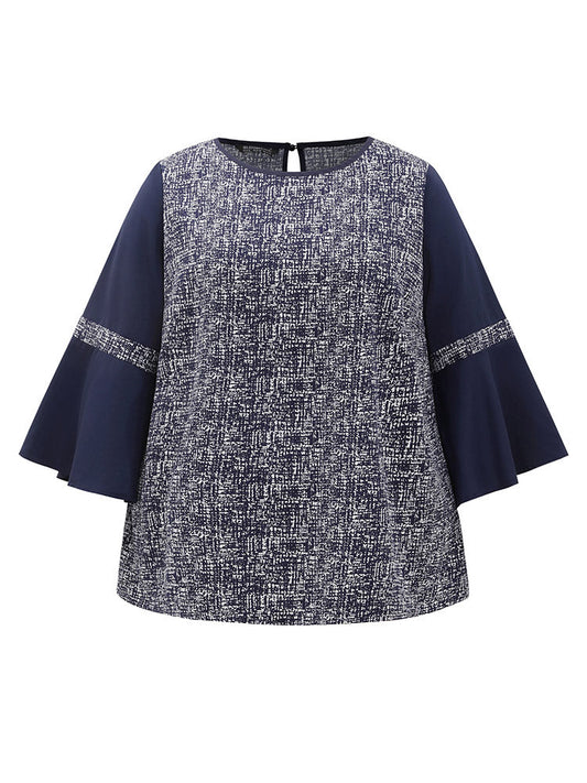 Patchwork Crew Neck Ruffle Sleeve Blouse