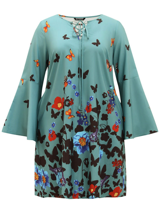 Butterfly & Floral Print Knot Neck Bell Sleeve Dress