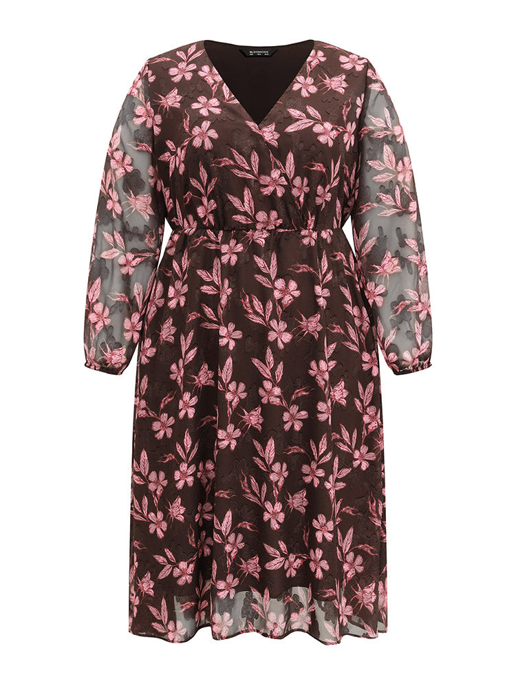 Floral Mesh Patchwork Lantern Sleeve Wrap Dress