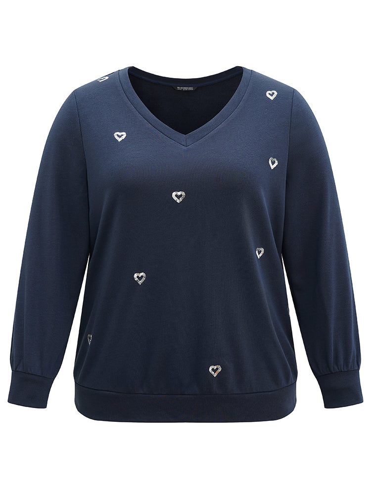 Solid Heart Sequin V Neck Sweatshirt