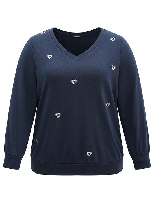 Solid Heart Sequin V Neck Sweatshirt